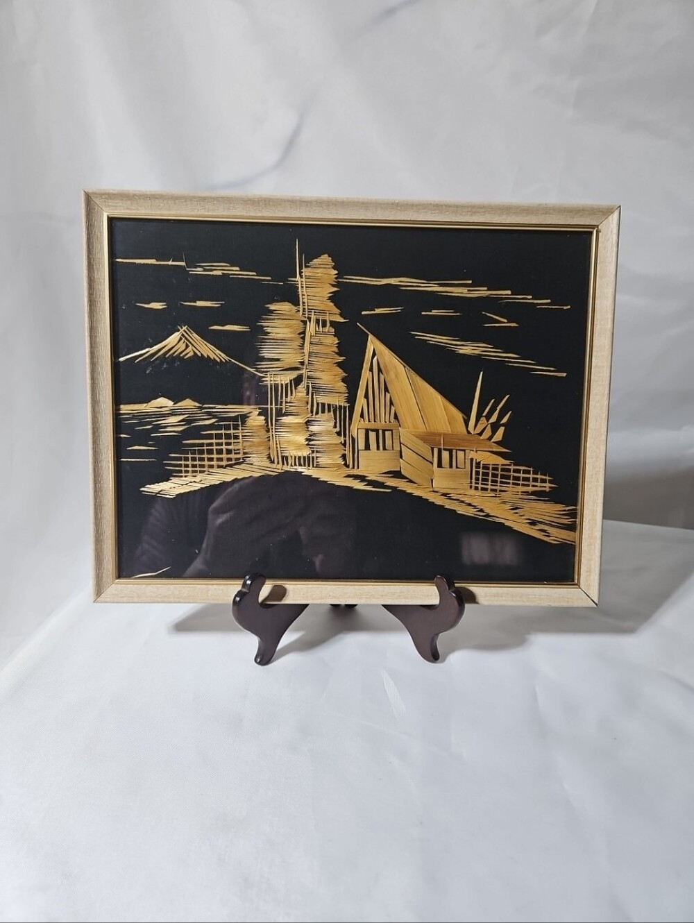 Vintage Framed Asian Folk Art Bamboo Straw Painting.